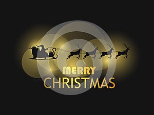 Merry Christmas. Santa Claus in a sleigh with reindeer. Greeting card design template with golden gradient. Bokeh effect. Vector