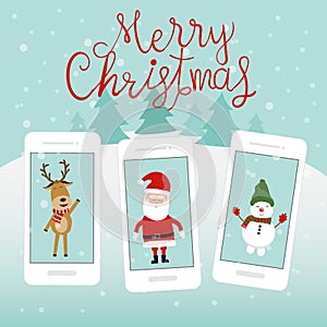 Merry christmas santa claus snow man and reindeer on the smartphone vector. illustration EPS10.