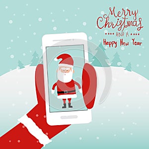 Merry christmas santa claus snow man and reindeer on the smartphone vector. illustration EPS10.