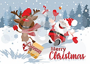 Merry christmas, Santa Claus in the snow with reindeer, postcard