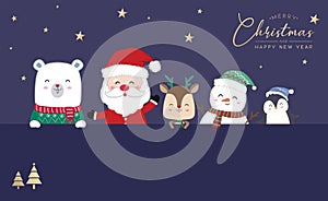 Merry Christmas with Santa Claus, Snowman, Reindeer, Polar bear and Penguin