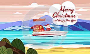 Merry Christmas Santa Claus on speed boat on ocean sea tropical island mountains seaside. Vector illustration isolated