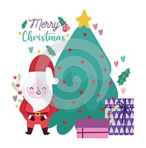 Merry christmas, santa claus tree and gifts decoration celebration card for greeting