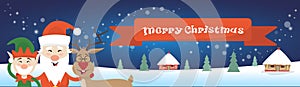 Merry Christmas Santa Clause Reindeer Elf Character Over Winter Snow House Village Poster Greeting Card