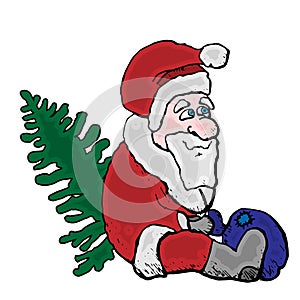 A merry Christmas Santa is sitting with a Christmas tree and a bag. Vector icon for a website or a postcard.