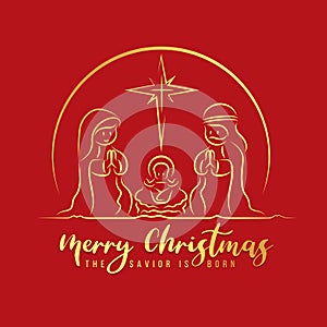 Merry Christmas, the savior is born - Gold line drawing cute charactor style, The Nativity with mary and joseph in a manger with
