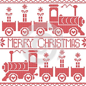 Merry Christmas Scandinavian seamless Nordic pattern with gravy train, Xmas gifts, heart stars, snowflakes in red cross stitch