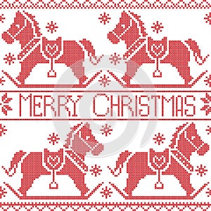 Merry Christmas Scandinavian seamless Nordic pattern , rocking dala pony horse, stars, snowflakes in red cross stitch