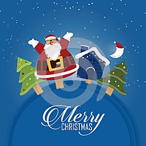 Merry Christmas scene with happy Santa Claus. Cartoon character. Vector.