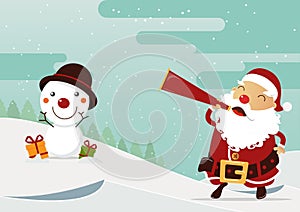 Merry Christmas scene with happy Santa Claus and Snowman. Cartoon character. Vector