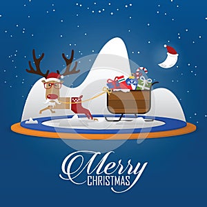 Merry Christmas scene with reindeer pulling Santa Clauss sleigh. Cartoon character. Vector.