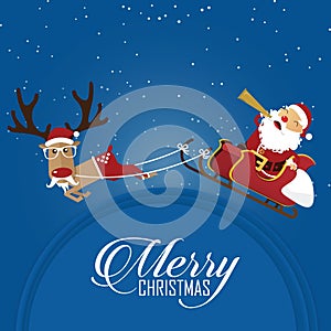 Merry Christmas scene with reindeer pulling Santa Clauss sleigh. Cartoon character. Vector.