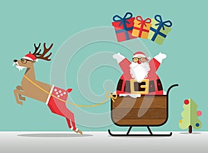 Merry Christmas scene with reindeer, sleigh and Santa clause sprinkle the gift.