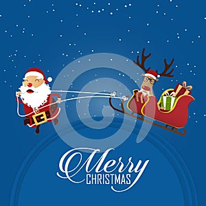 Merry Christmas scene with Santa Claus pulling Santa Clauss sleigh and reindeer. Cartoon character. Vector