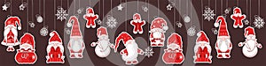 Merry Christmas Seamless horizontal pattern with cute hand drawn gnomes decoration isolated on brown background. Vector