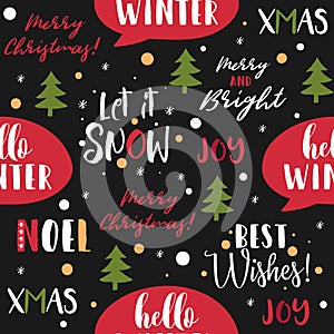 Merry Christmas seamless pattern background with calligraphy, lettering, snowflakes, christmas tree. Wrapping paper