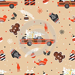 Merry Christmas seamless pattern with christmas tree on car and decorative elements