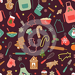 Merry Christmas Seamless pattern with cute gingerbread cookies, dishes and elements for Christmas bakery. Dark background. Vector