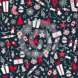 Merry Christmas seamless pattern design with gifts, fir trees, toys, snowflakes.