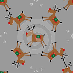 Merry Christmas seamless pattern with fanny deer and snowflakes
