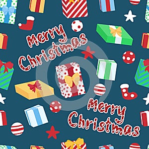 Merry christmas seamless pattern with gift boxes on dark background for holiday decoration, party banner, paper, textile, fabric,