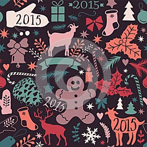 Merry Christmas seamless pattern, Happy New Year background, wrapping paper texture, silhouette.Classic elements Christmas pattern