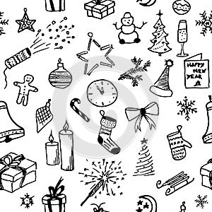 Merry Christmas. Seamless pattern. Holiday background. Endless texture. Hand Drawn Doodles illustration.