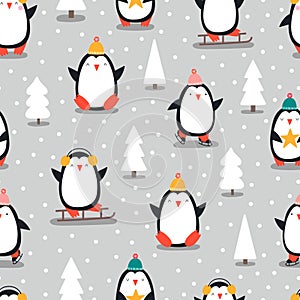 Merry Christmas seamless pattern with penguins,in .