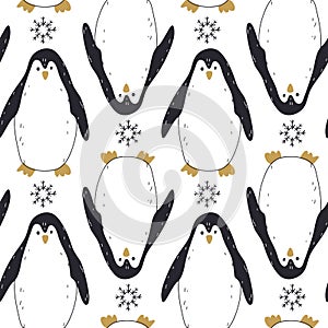 Merry Christmas seamless pattern with penguins. Cute Hand-drawn illustration. Animals pattern. Texture for baby bedding