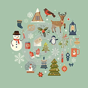 Merry Christmas seamless pattern. Vector set of elements and toys. New Year background. Retro Merry Christmas icons, elements and