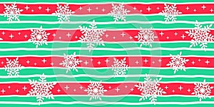 Merry Christmas seamless pattern with white openwork snowflakes on a red and green striped background with white stripes