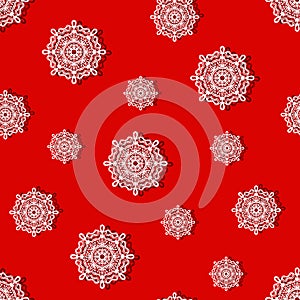 Merry Christmas. Seamless pattern with white snowflakes on a red background.