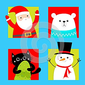 Merry Christmas set. Black cat. White bear. Santa Claus. Snowman. Funny Kawaii animal. Kids print. Cute cartoon baby character.