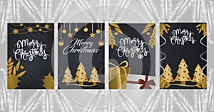 Merry christmas, set of card with golden trees gifts and balls