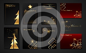 Merry Christmas set cards, black and red templates with gold holiday tree and golden xmas elements, stars, glittering luxury frame