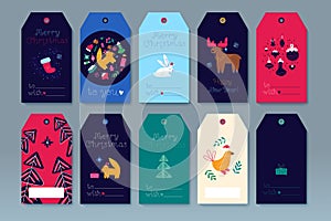 Merry Christmas set of gift tags, template greeting cards, labels. Happy New Year cute cartoon illustration. Vector