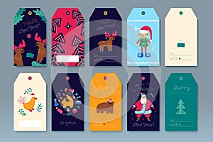 Merry Christmas set of gift tags, template greeting cards, labels. Happy New Year cute cartoon illustration. Vector