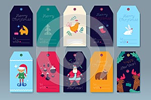 Merry Christmas set of gift tags, template greeting cards, labels. Happy New Year cute cartoon illustration. Vector