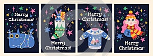 Merry Christmas Set of greeting cards, posters, holiday covers, cartoon style. Trendy modern vector illustration, hand
