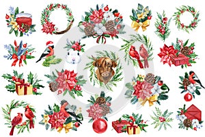 Merry Christmas, Set of holiday elements on a white background, watercolor illustration, New Year design