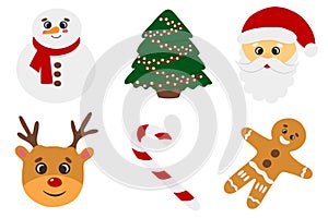 Merry Christmas set of vector illustrations, Santa Claus, Christmas tree, Gingerbread man, lollipop, Christmas deer, Snowman