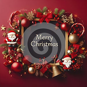 Merry Christmas sign banner frame with empty space and festive decoration on red background. ai generative