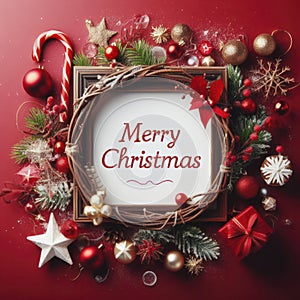 Merry Christmas sign banner frame with empty space and festive decoration on red background. ai generative