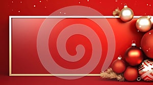 Merry Christmas sign banner frame with empty space and festive decorations on a red background