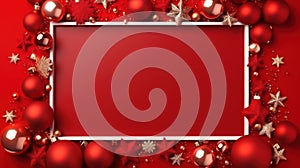 Merry Christmas sign banner frame with empty space and festive decorations on a red background