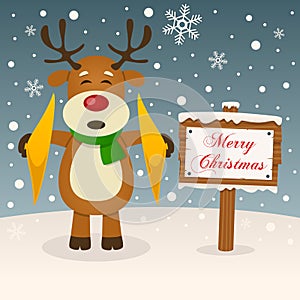 Merry Christmas Sign with a Cute Reindeer