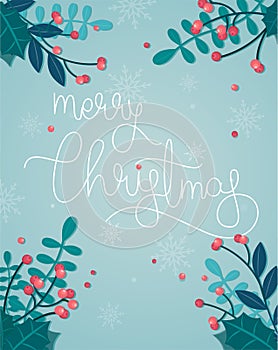 Merry Christmas sign with festive ornaments. Holiday vector illustration.