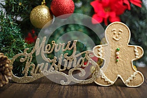 Merry Christmas sign with gingerbread man cookie and decorations on a Christmas tree.