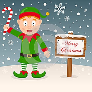 Merry Christmas Sign with a Green Elf