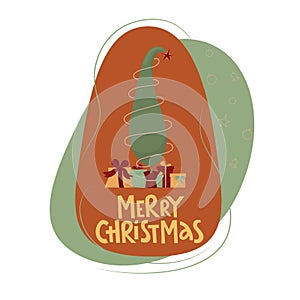 Merry Christmas sign with Grinch tree in boho colours. Vector stock illustration isolated on white background for